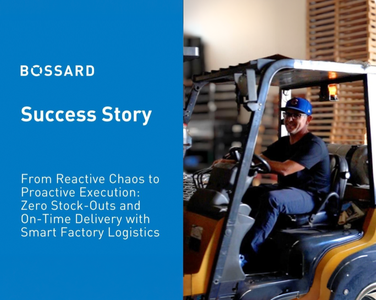 Owner of Equipment Design & Manufacturing + Action Stamping driving forklift on warehouse floor