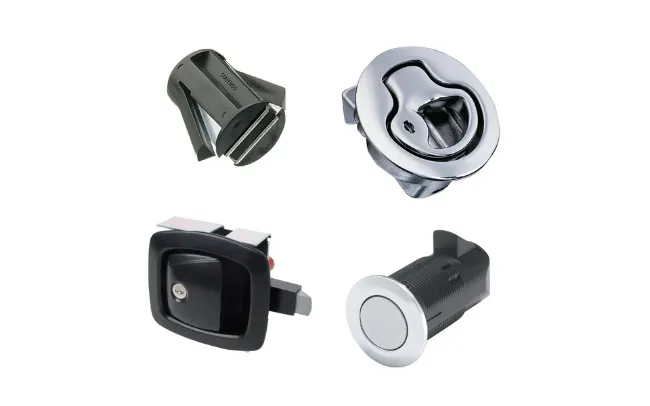 四种不同类型的金属和塑料Southco按压关闭闩锁在白色背景上。