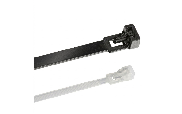 A black and a white Heyco Nytye cable tie on white background