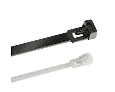 A black and a white Heyco Nytye cable tie on white background