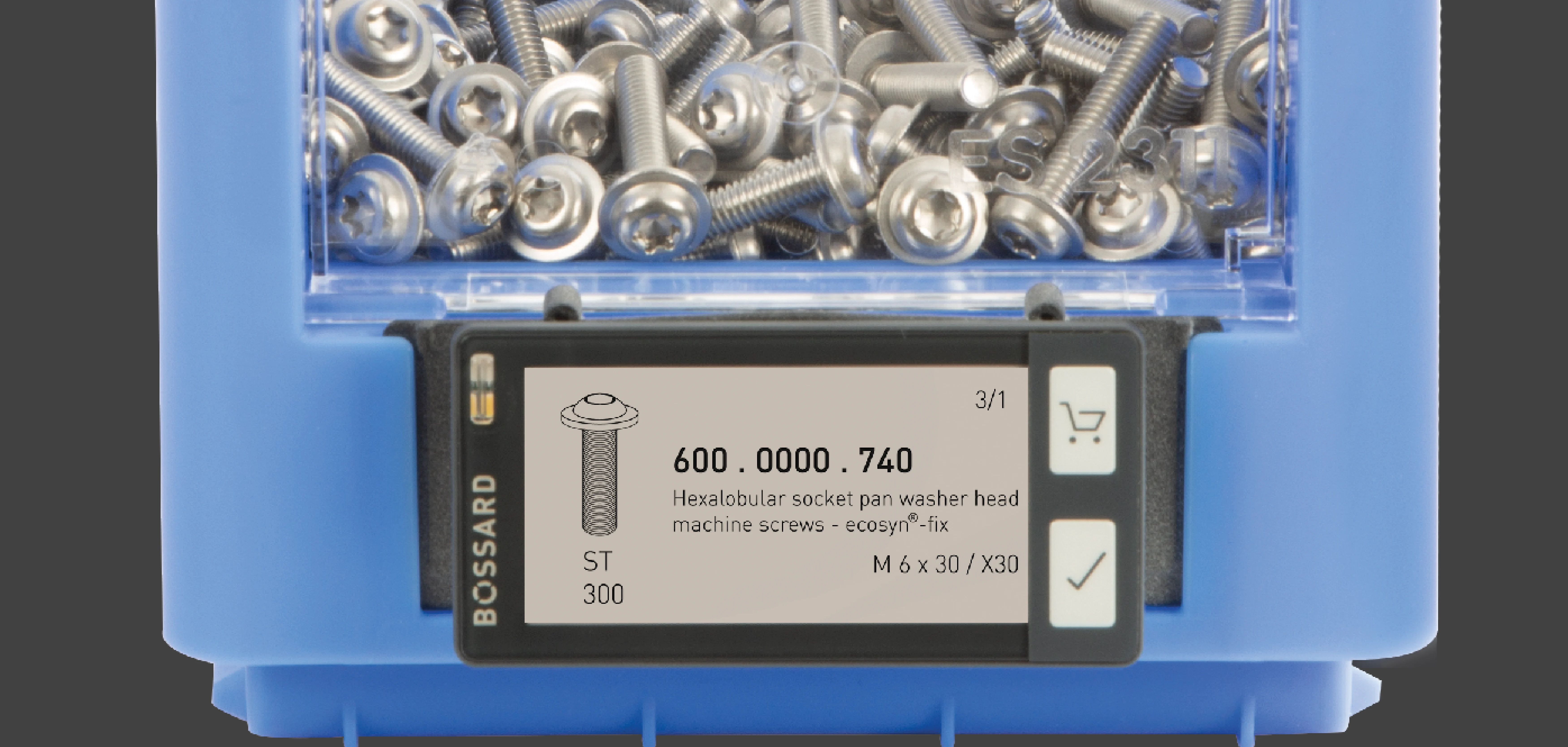 Blue plastic container containing screws, with a SmartLabel Cloud affixed to the bin.