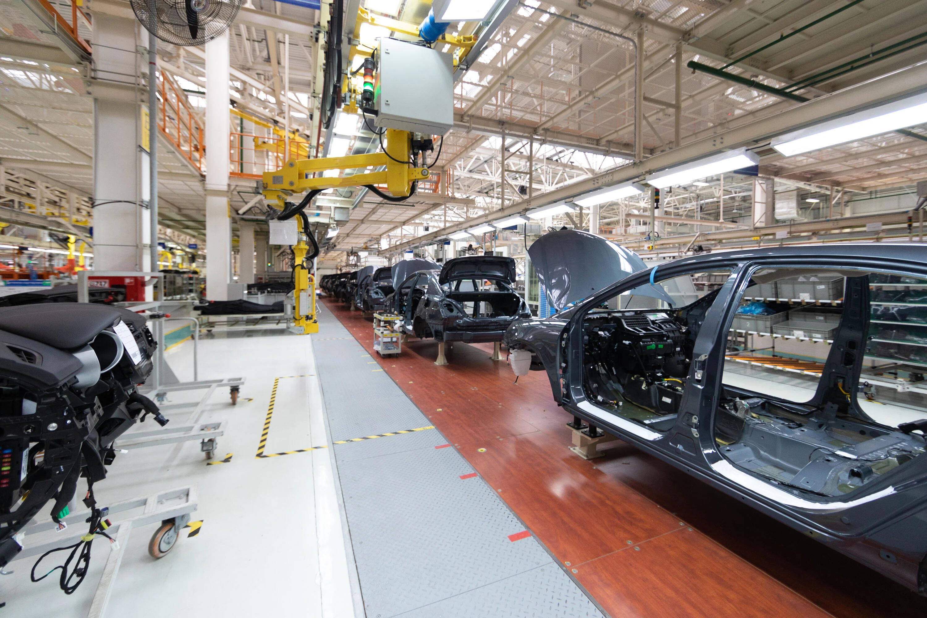 Automated car Assembly line. The plant of the automotive industry. Line of car body.