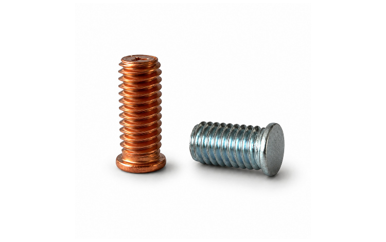 One copper-plated and one zinc-plated Tucker metric welding stud on white background.