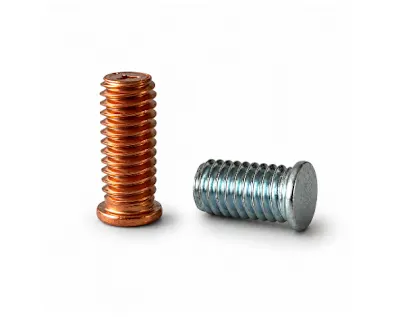 One copper-plated and one zinc-plated Tucker metric welding stud on white background.