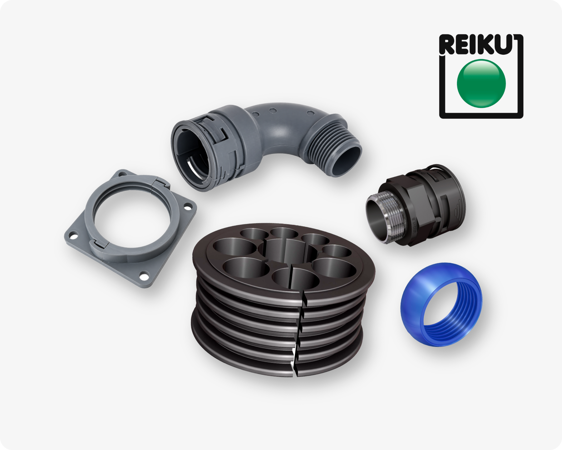 Different cable protection solutions by Reiku on light grey background with the Reiku logo in the top right corner.