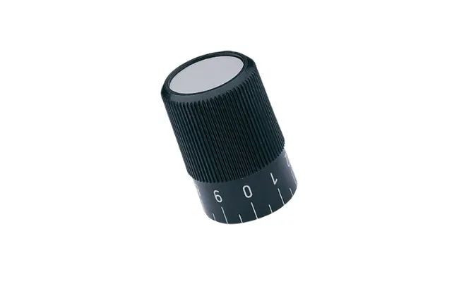 A black Elesa knurled control knob with graduation on a scale from 0 to 9 and 20 dividing marks