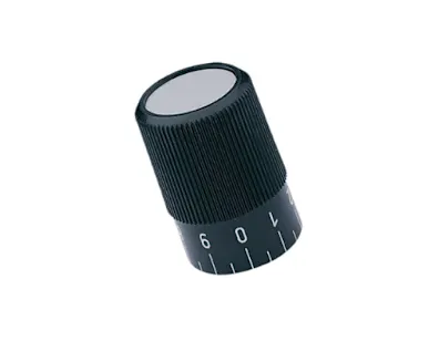 A black Elesa knurled control knob with graduation on a scale from 0 to 9 and 20 dividing marks