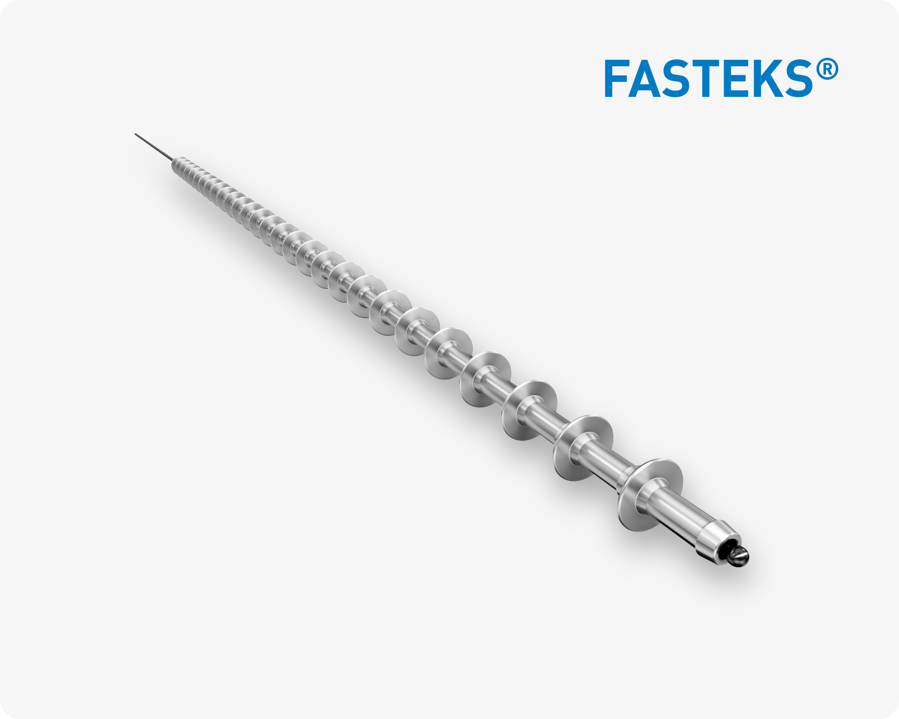 Close-up of a metal FASTEKS speed rivet on light grey background.