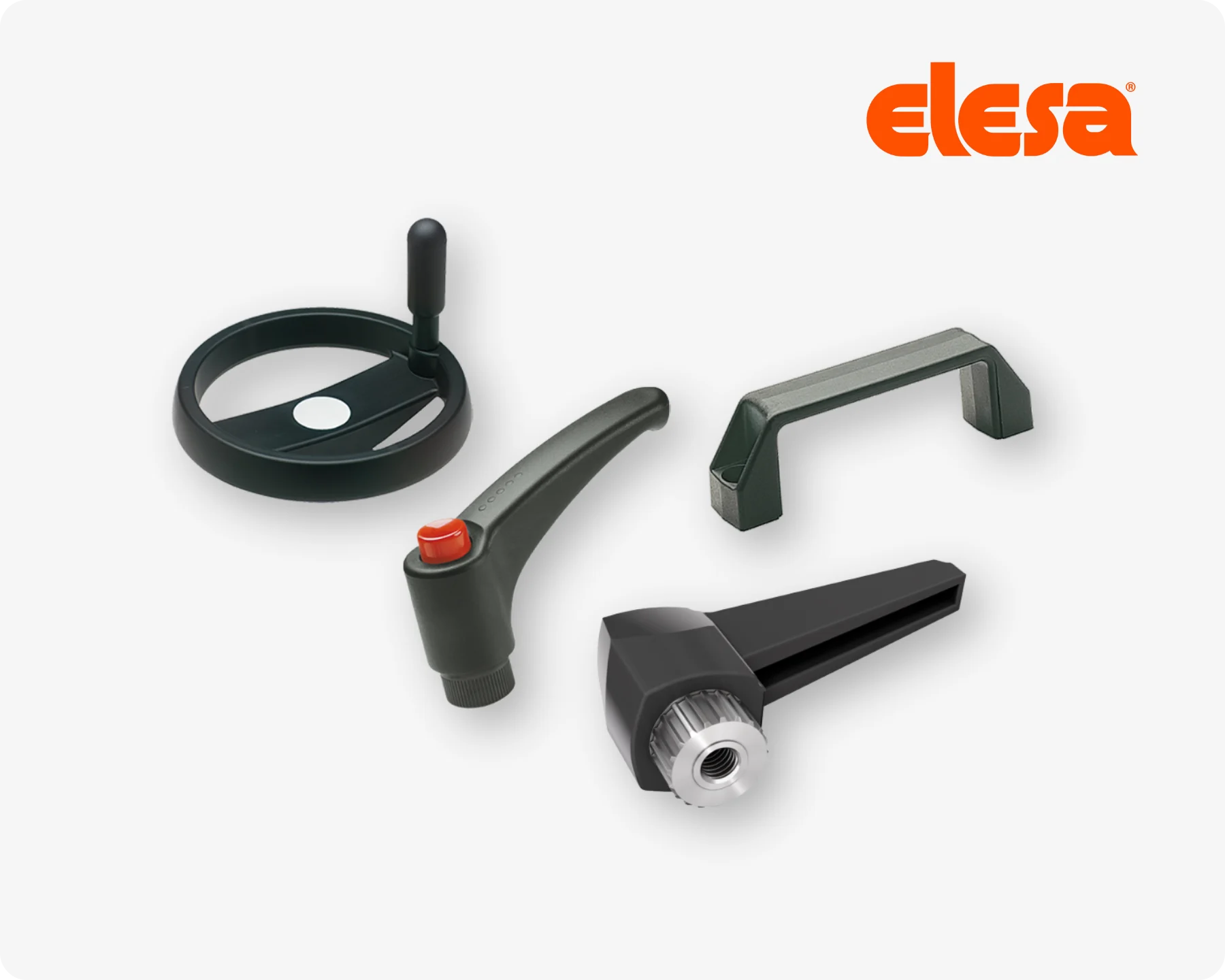 Different types of Elesa access and touch point solutions, including a hand wheel, a handle, and a clamping lever.