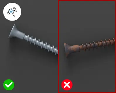 Comparison of two screws: left shows proper screw with green checkmark, right shows incorrect rusty screw with red X.