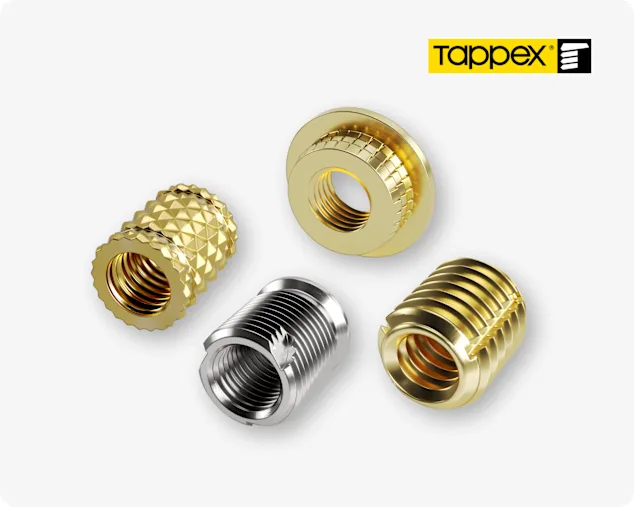 Four different types of Tappex threaded inserts, including brass inserts and steel threaded inserts.
