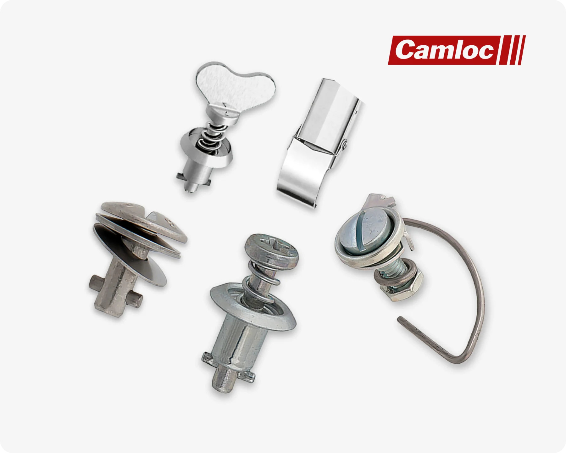 Several different Camloc gas springs and damper solutions on light grey background.