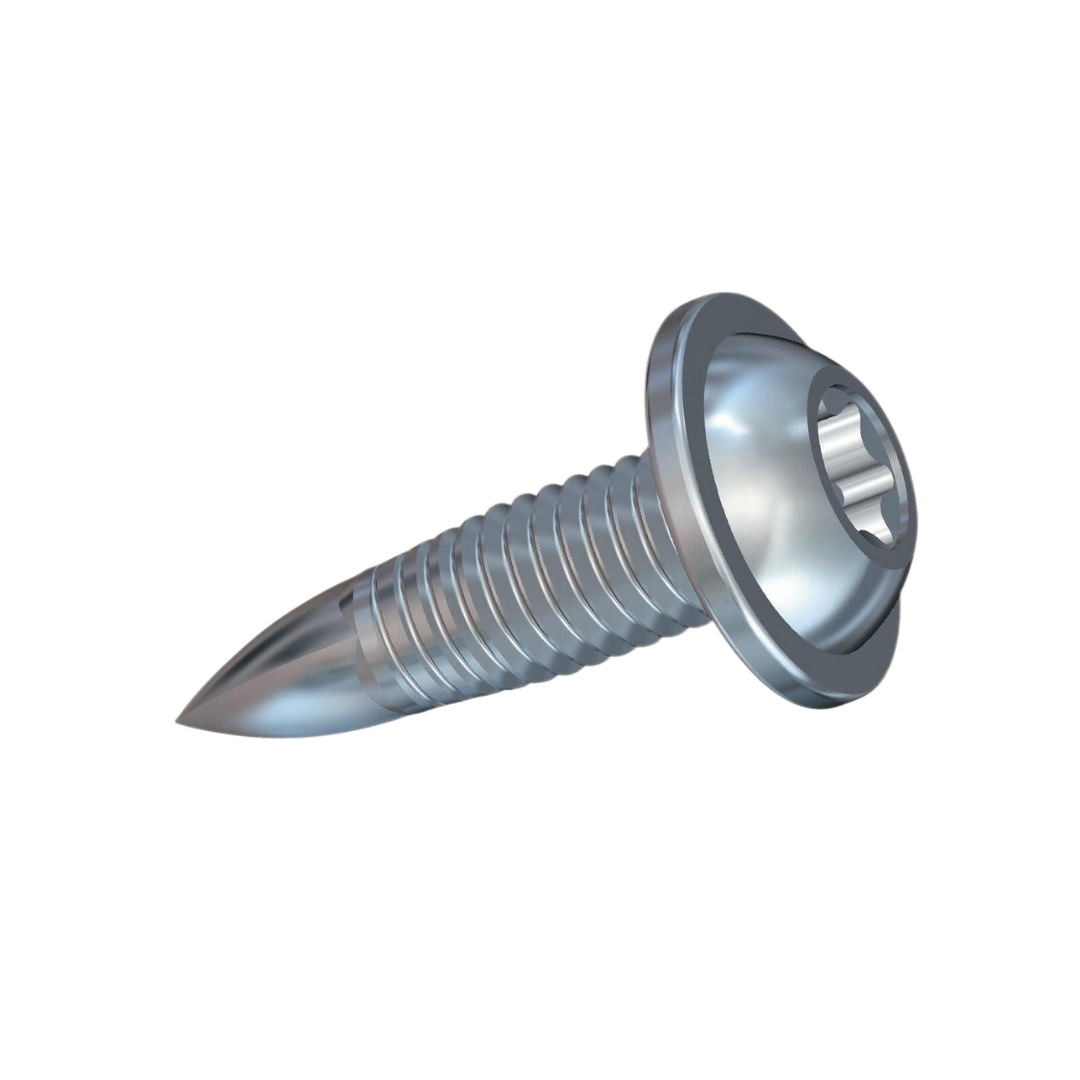 Close-up of an EJOT FDS flow drilling screw for lightweight sheet metal connections.