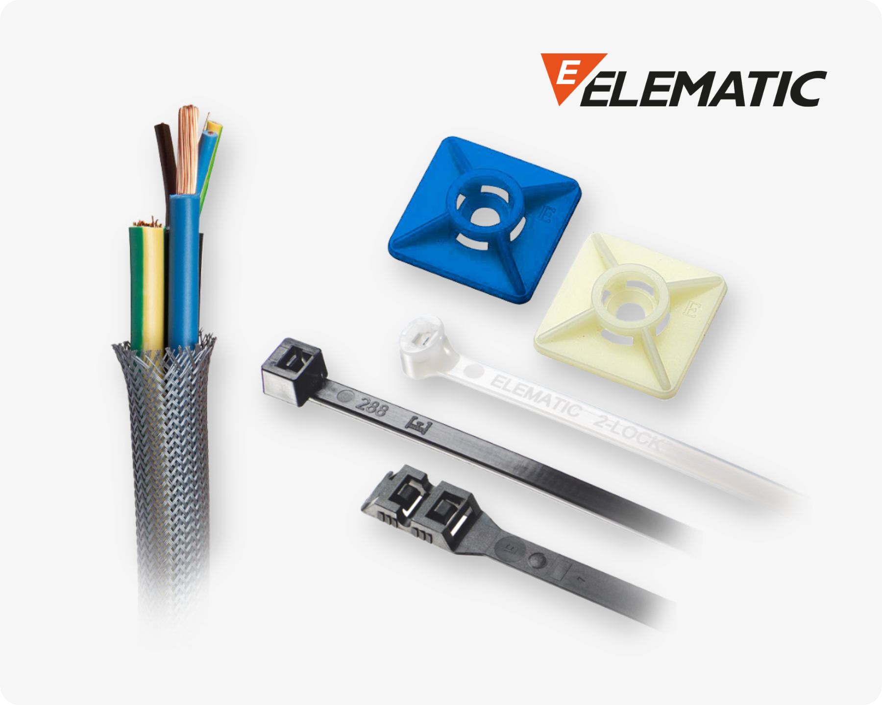 Different products by Elematic, including cable ties, cable tie mounts and a braided sleeve with cables inside on light grey background.