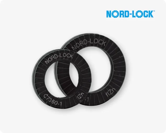 Two black Nord-Lock wedge lock washers, providing maximum security against loosening, even under vibrations and dynamic loads.