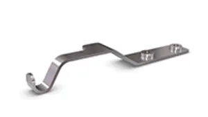 Metal hook bracket with a curved end and two screw holes, designed for mounting, on a white background.