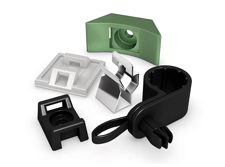 Five different cable mounting solutions on white background.