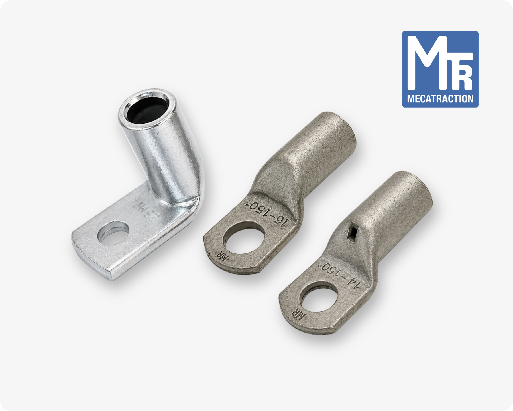 Three different Mecatraction cable lugs on light grey background with the Mecatraction logo in the top right corner.