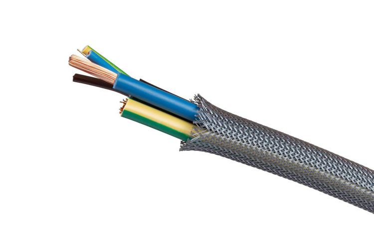 Multi-colored electrical wires with exposed copper strands emerging from gray Elematic braided shielding sleeve on white background