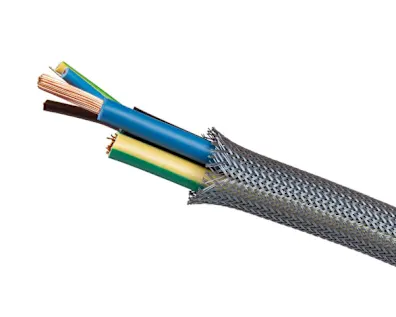 Multi-colored electrical wires with exposed copper strands emerging from gray Elematic braided shielding sleeve on white background