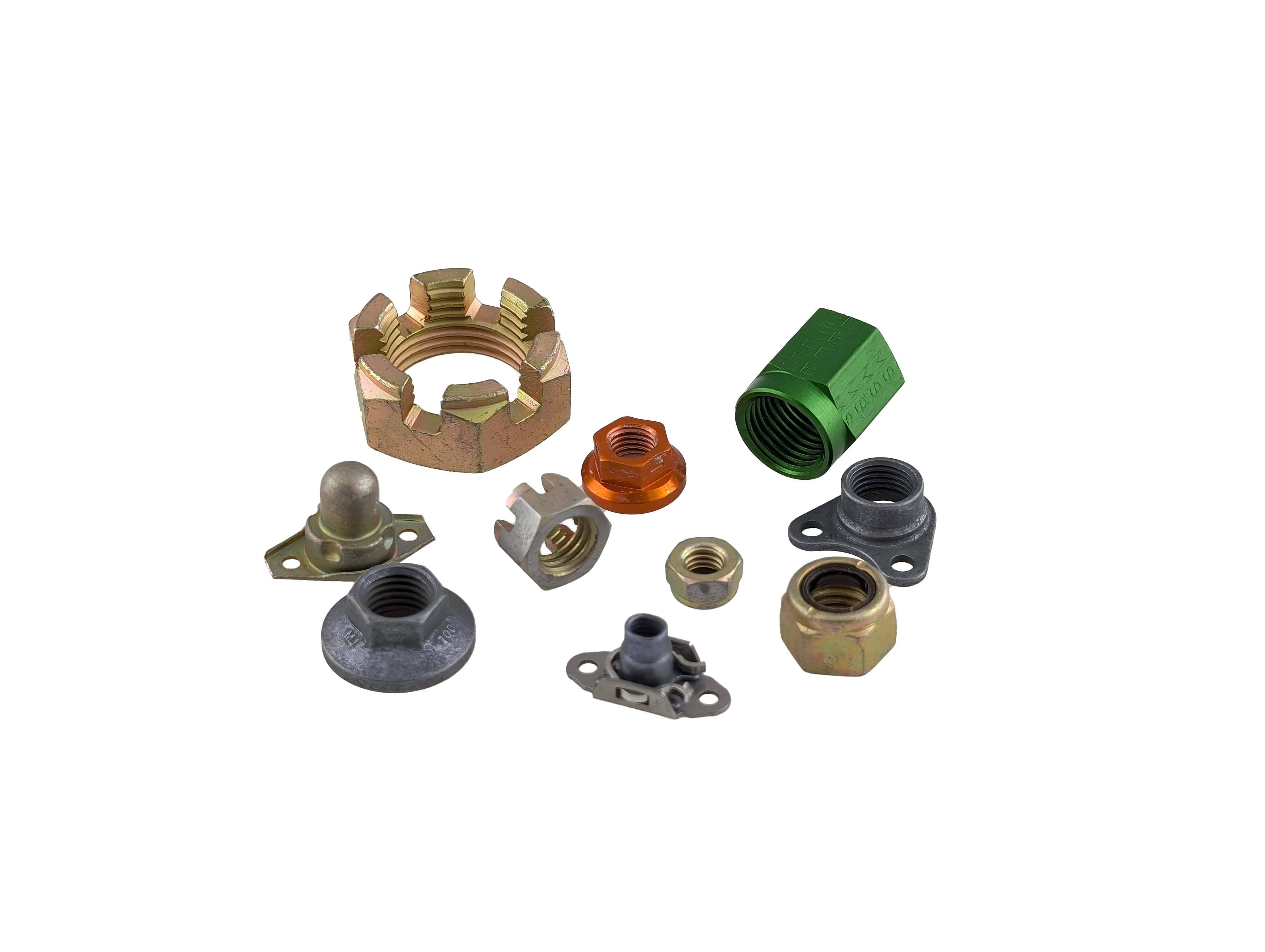 A collection of aerospace nuts displayed on a transparent background, emphasizing their industrial design.