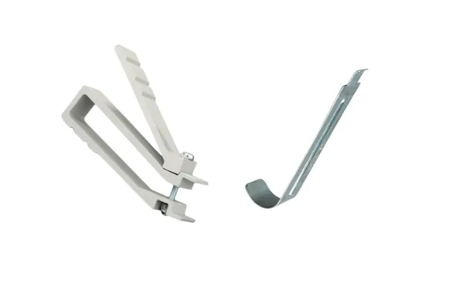 Two tools, a plier and a metal tongue for installing FASTEKS KLIPKO cage nuts and blind nuts.