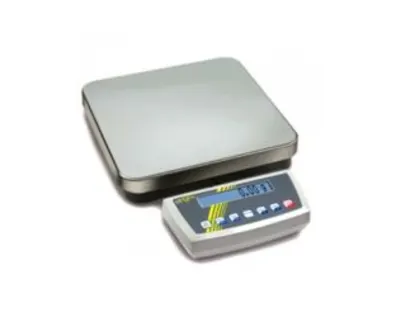 Digital scale with a stainless steel platform and a separate LCD display showing numbers, surrounded by control buttons.