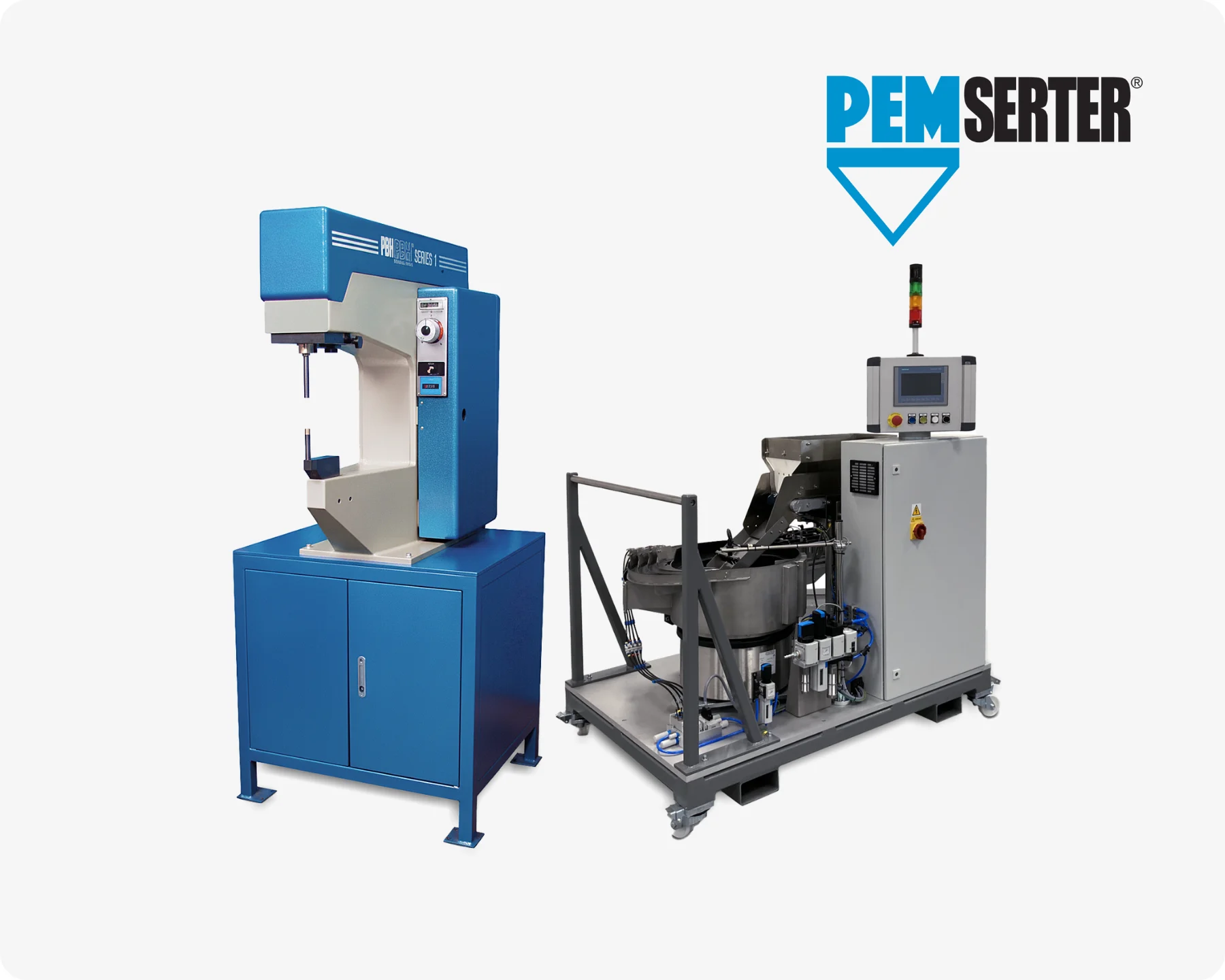 A blue PEMSERTER insertion press and a PEMSERTER In-Die feed cart on light grey background with the PEMSERTER logo in the top right corner.