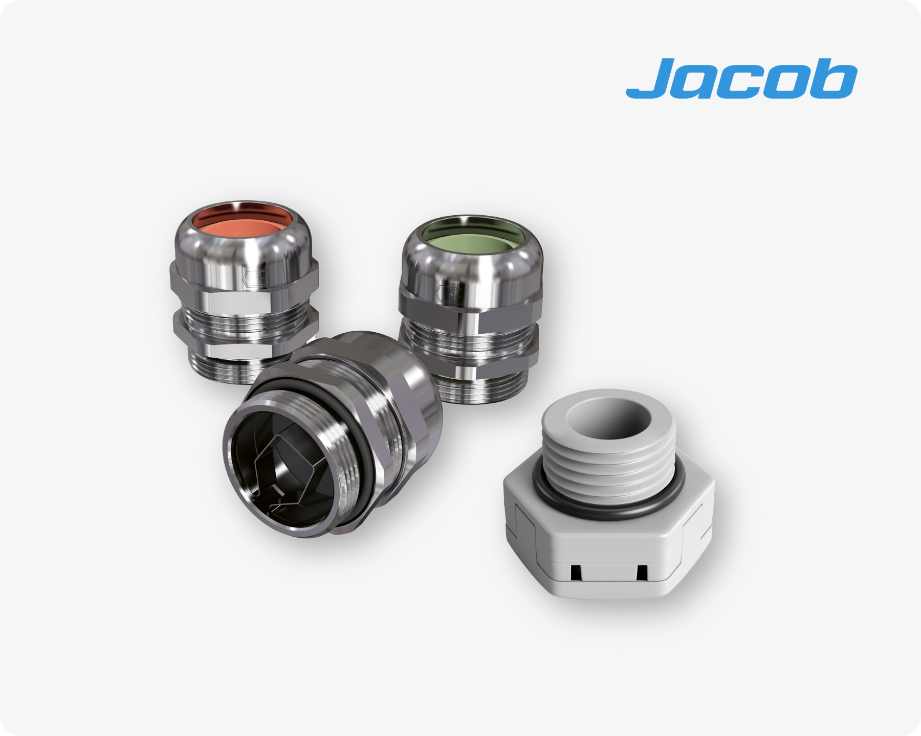 一组不同的Jacob塑料和金属线缆接头，用于安全的电气连接，背景为浅灰色。