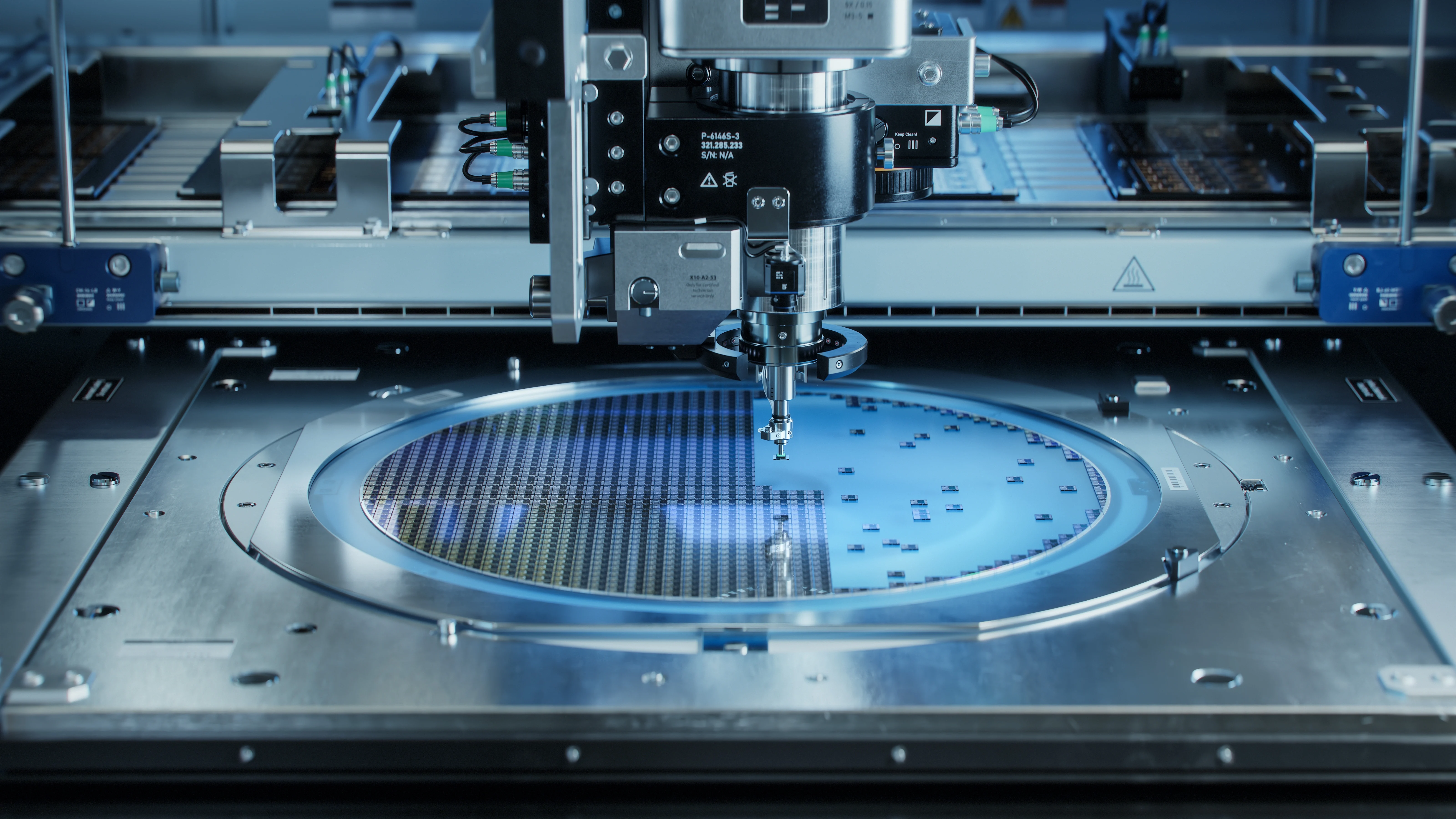 Silicon dies are being extracted by semiconductor wafer machine