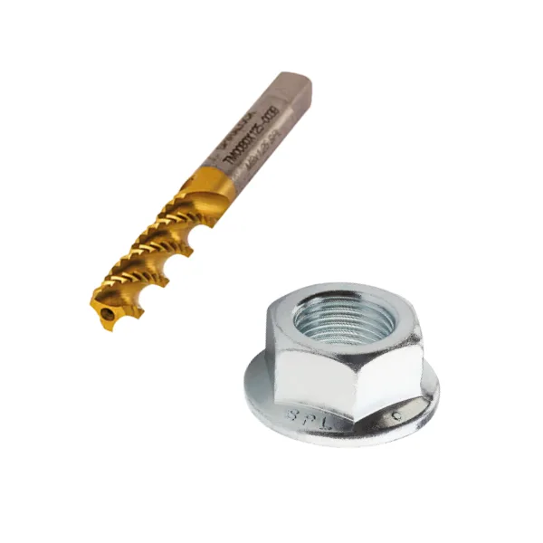 两个Spiralock紧固件元素，一个六角法兰螺母和一个切削螺纹工具在白色背景上