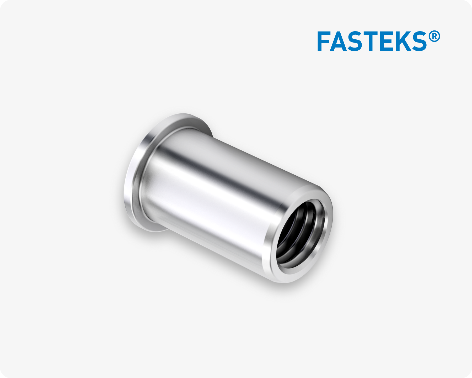 Close-up of a FASTEKS FILKO blind rivet nut on light grey background.