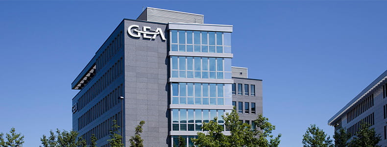 A Gea company office building with blue sky in the background