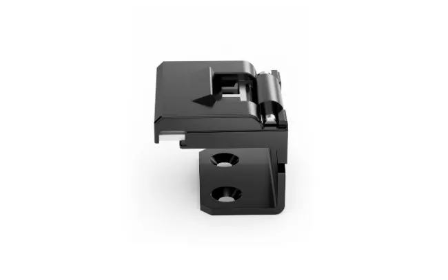 Close-up of a black Dirak brand hinge on white background
