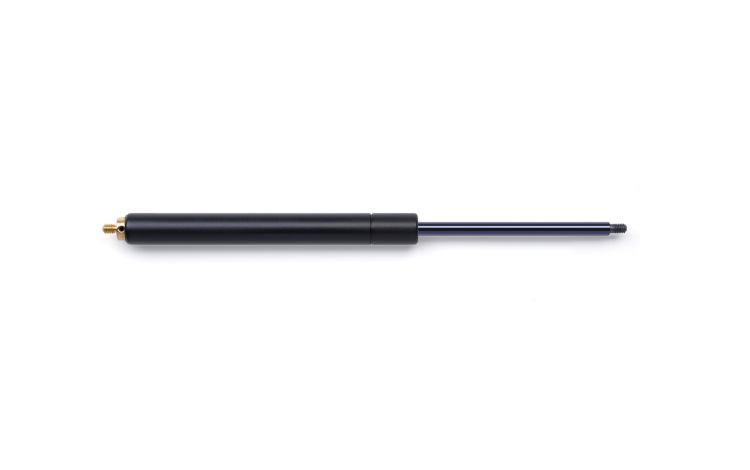 A black Camloc Vari-LiftTM gas spring on white background, the adjustable force version of the “Swift and Sure”.