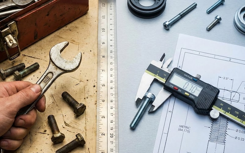A top-down view of an engineering workspace featuring an electronic digital caliper measuring the thread diameter of a bolt
