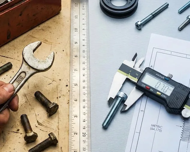 A top-down view of an engineering workspace featuring an electronic digital caliper measuring the thread diameter of a bolt