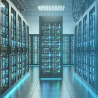 An AI server standing in a big server room