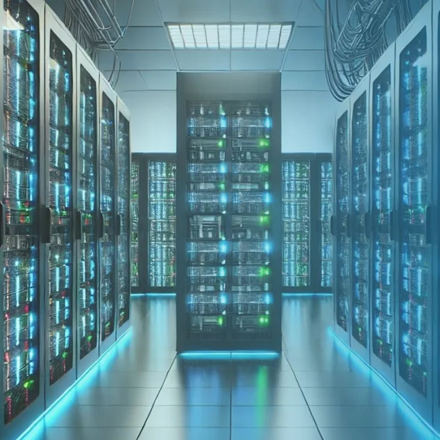 An AI server standing in a big server room