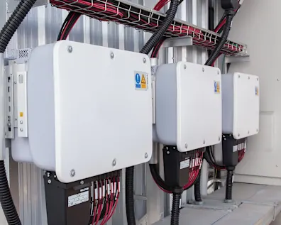 White electrical junction boxes mounted on wall with red and black cables in wire management trays and black conduit