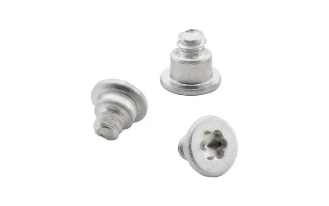Three TS4™ microPEM® TackScrew™ fasteners for sheet-to-sheet fastening on white background