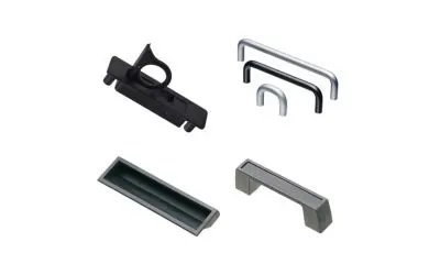 多种不同的Southco把手和拉手,包括金属把手和黑色塑料把手。