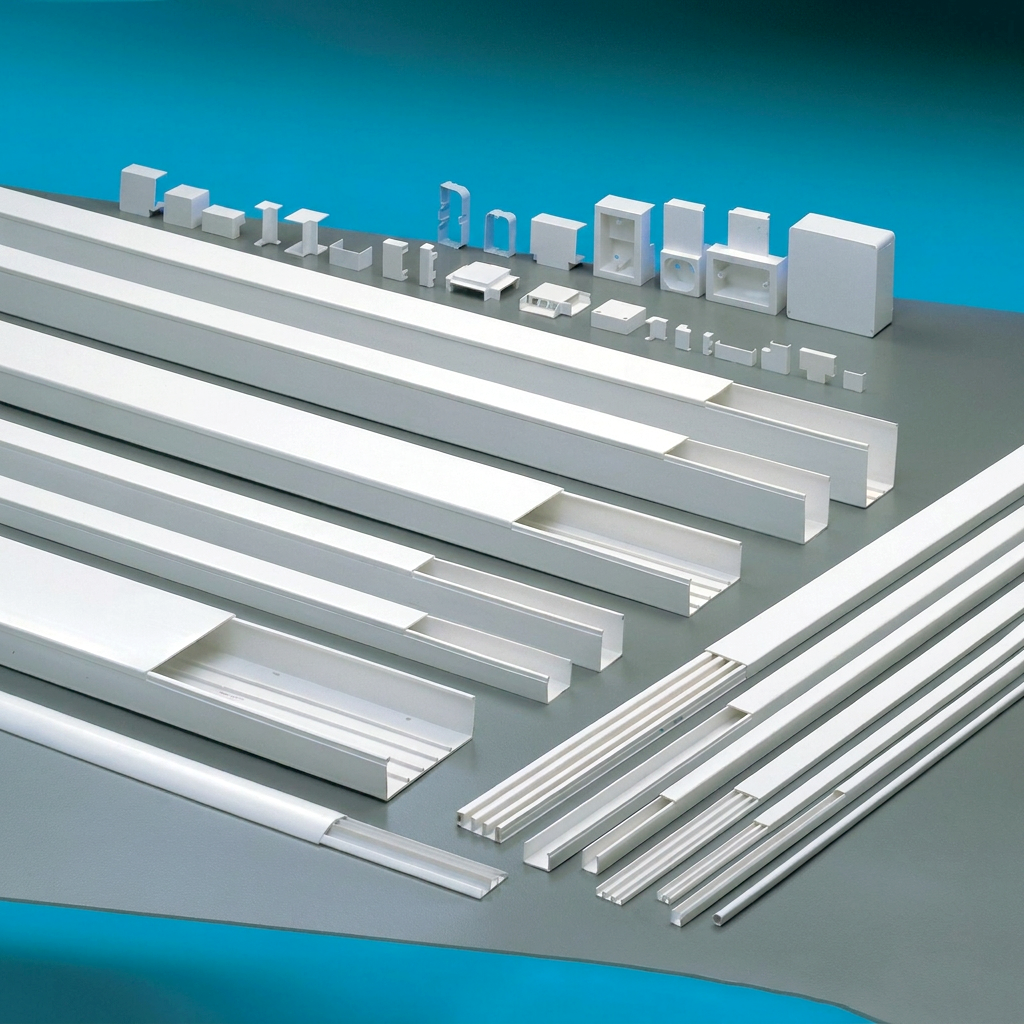 Overview of different Elettrocanali cable trunking solutions on grey and blue background.