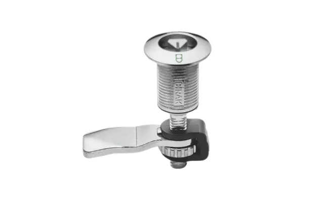 Close-up of a silver colored Dirak quarter turn fastener