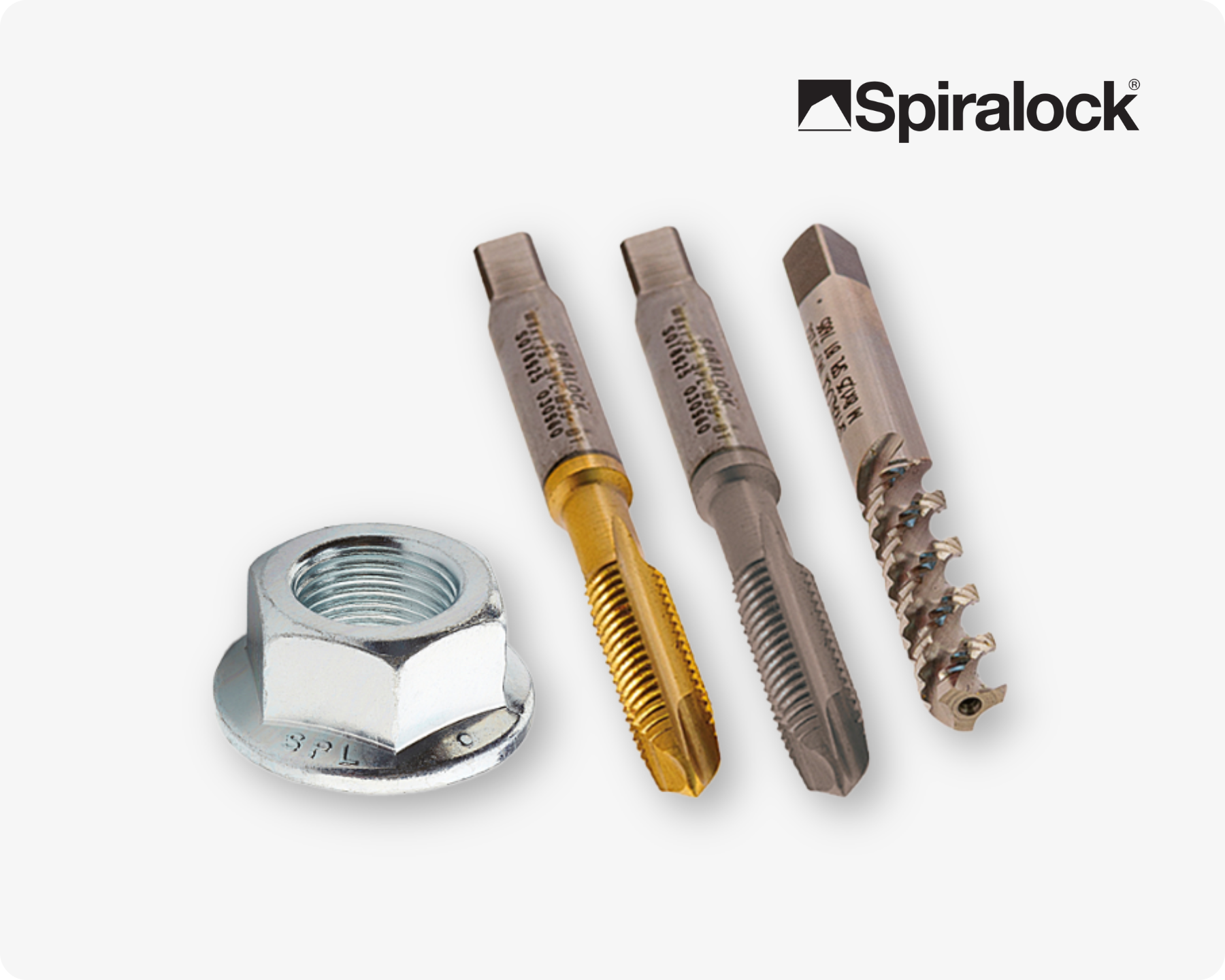 一组不同的紧固件，采用Spiralock螺纹锁定技术，背景为浅灰色。