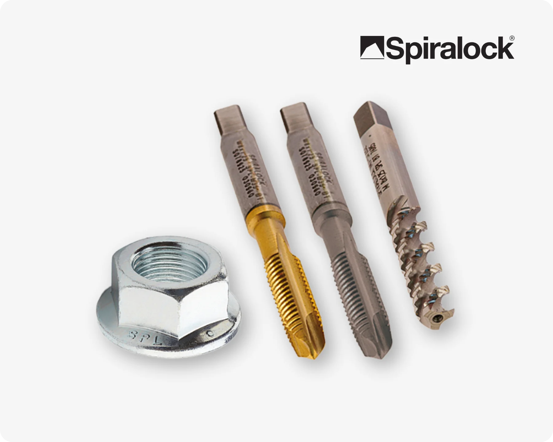 一组不同的紧固件,采用Spiralock螺纹锁定技术,背景为浅灰色。