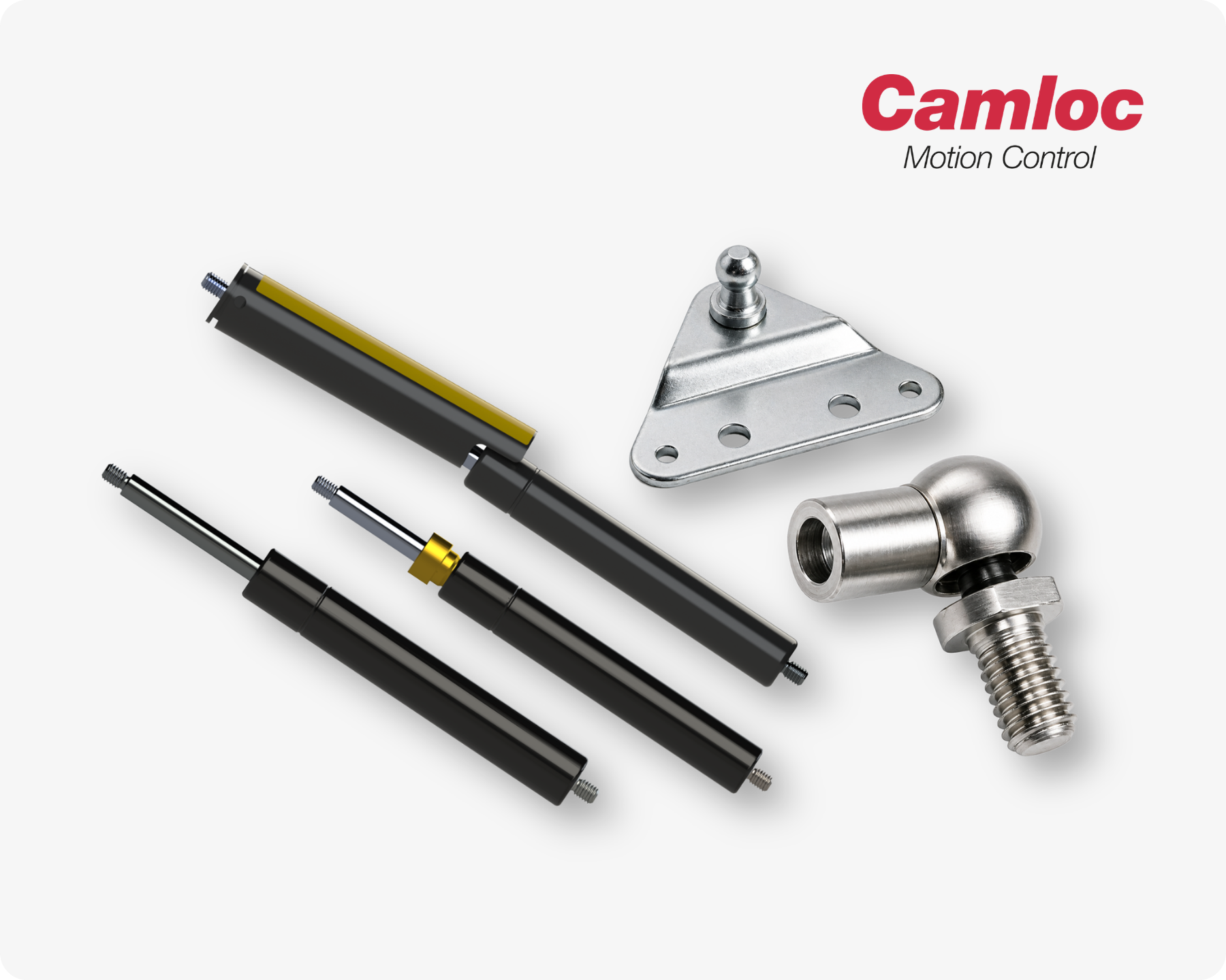 Different gas struts, end fitting and mounting bracket solutions by Camloc Motion Control on light grey background.