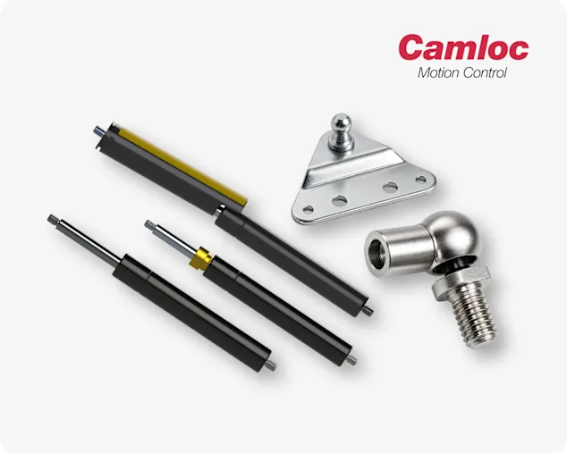 Different gas struts, end fitting and mounting bracket solutions by Camloc Motion Control on light grey background.
