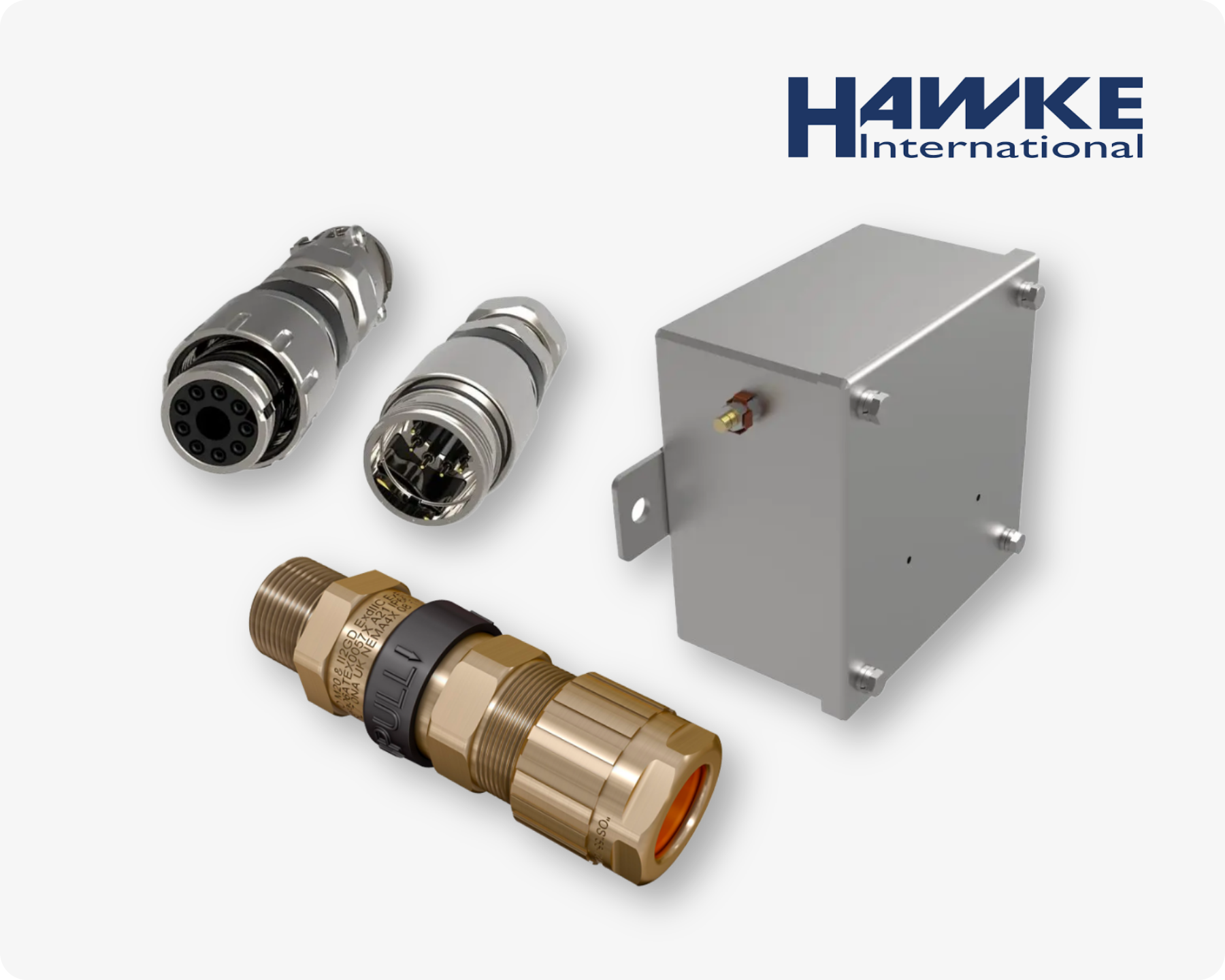 Hawke cable glands, electrical connectors and and enclosure on light grey background, with the company logo in the top right corner