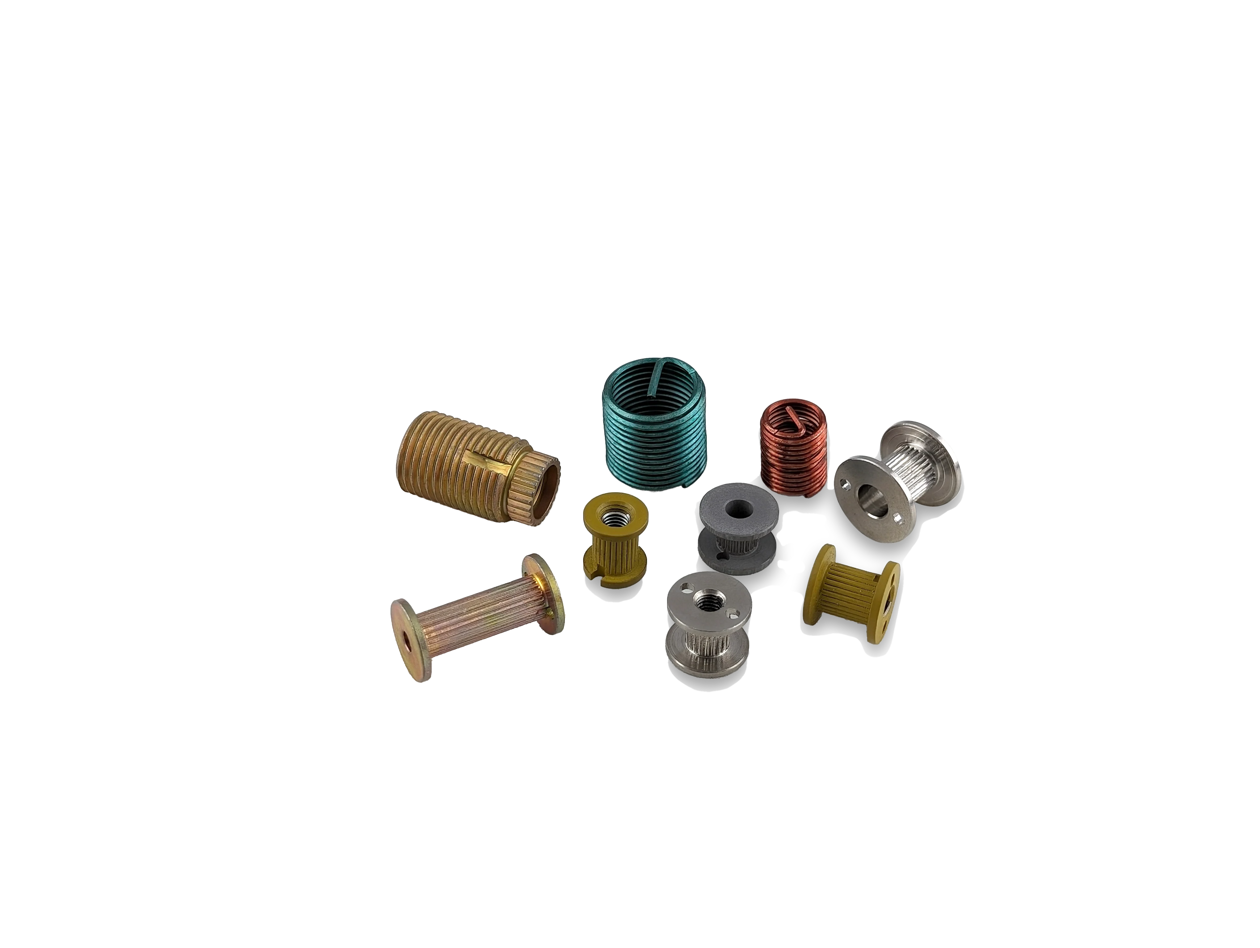 A collection of aerospace inserts on a transparent background, emphasizing their industrial design.